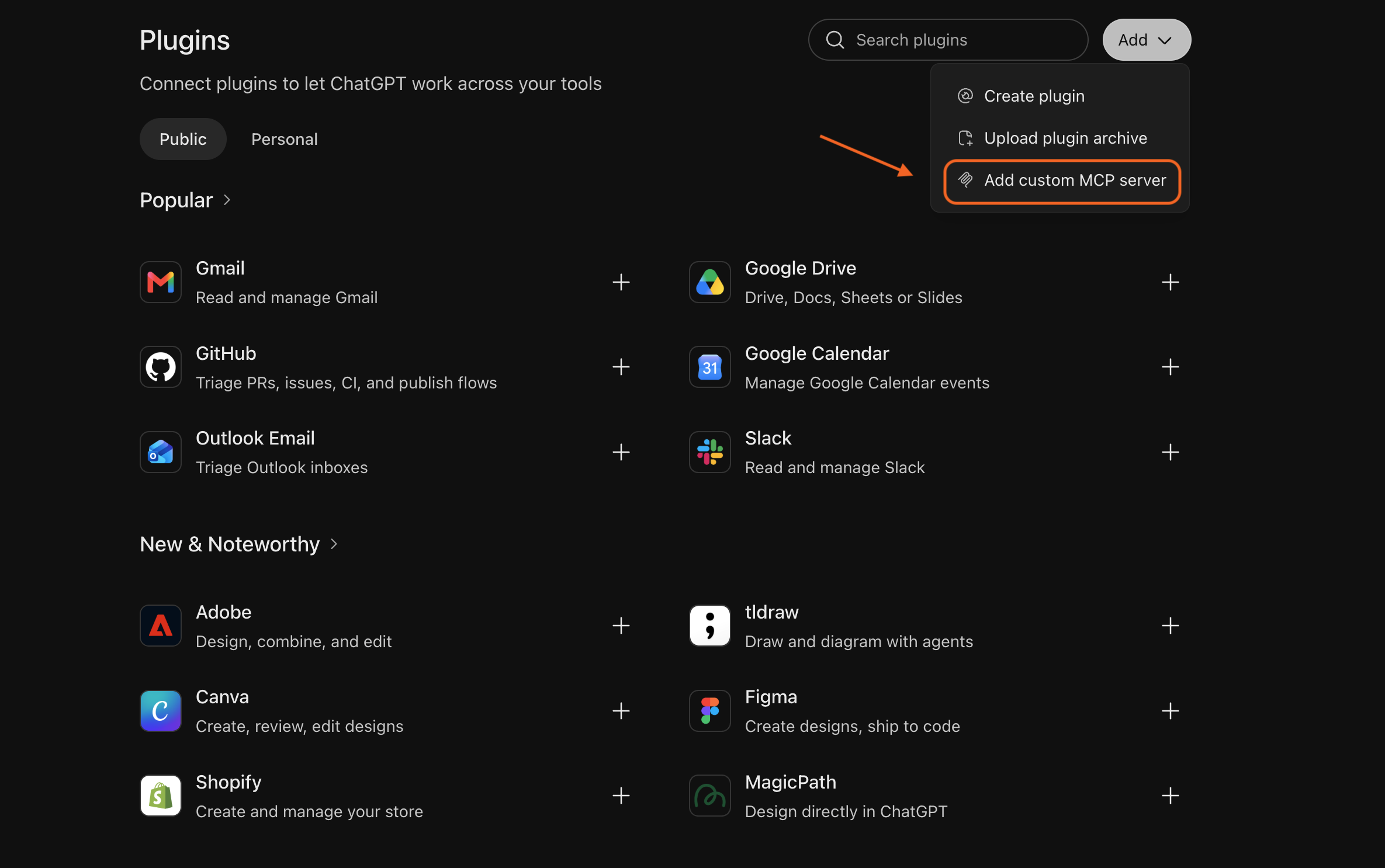 ChatGPT plugin directory with Add custom MCP server highlighted in the Add menu.