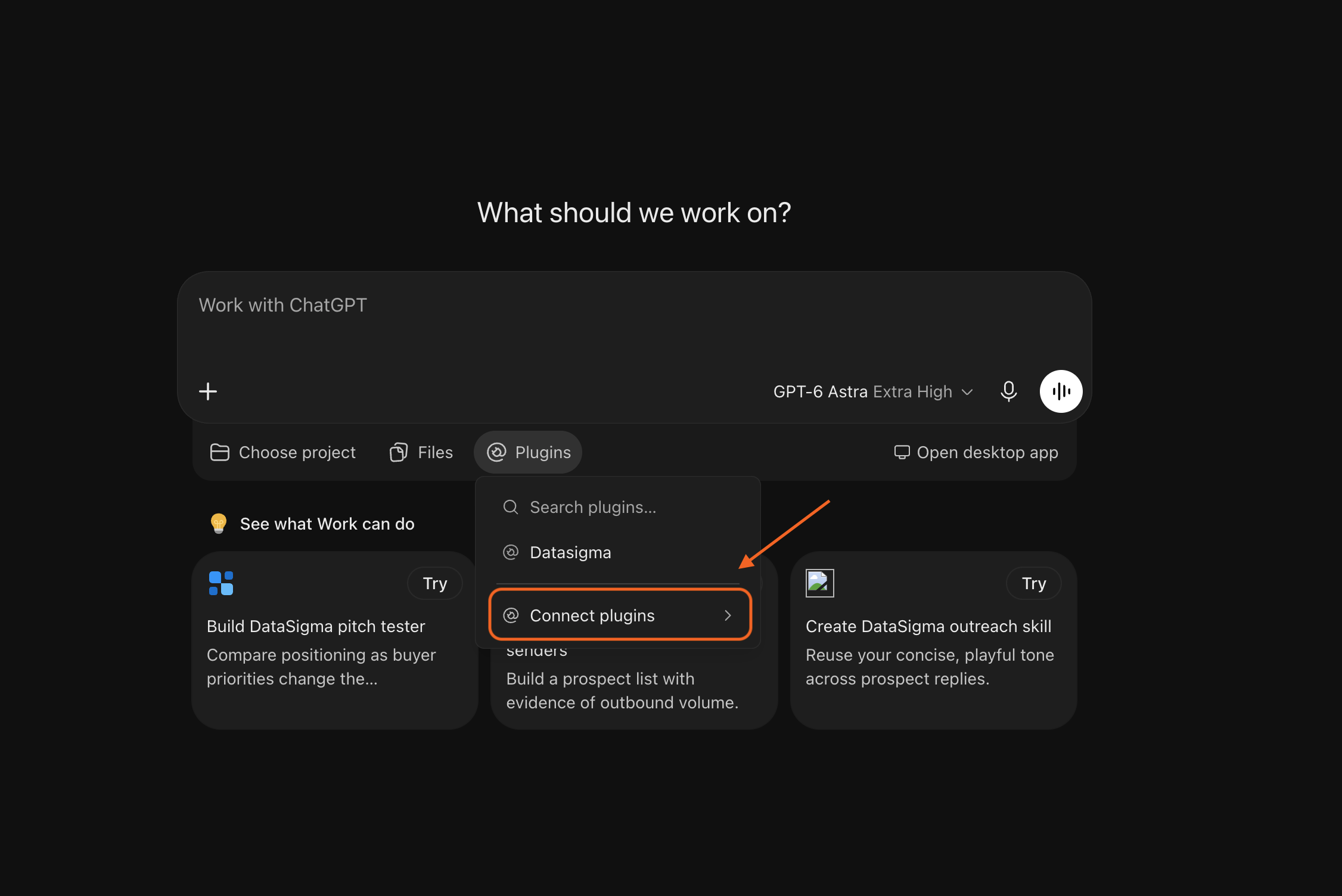 ChatGPT Plugins menu with Connect plugins highlighted.