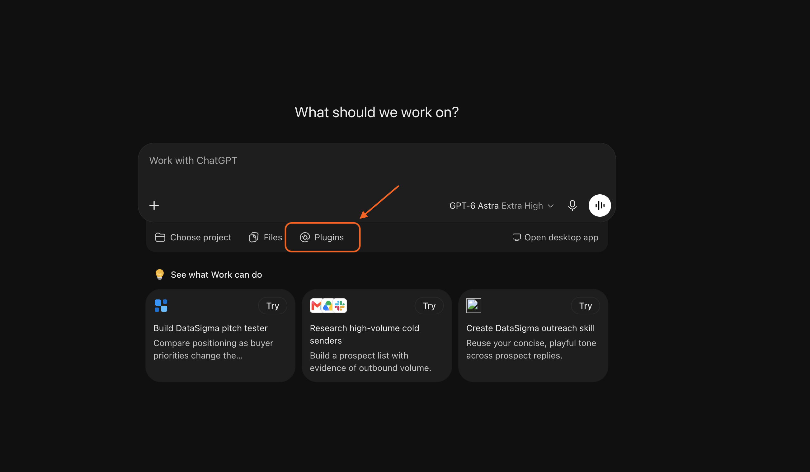 ChatGPT start screen with Plugins highlighted below the message box.