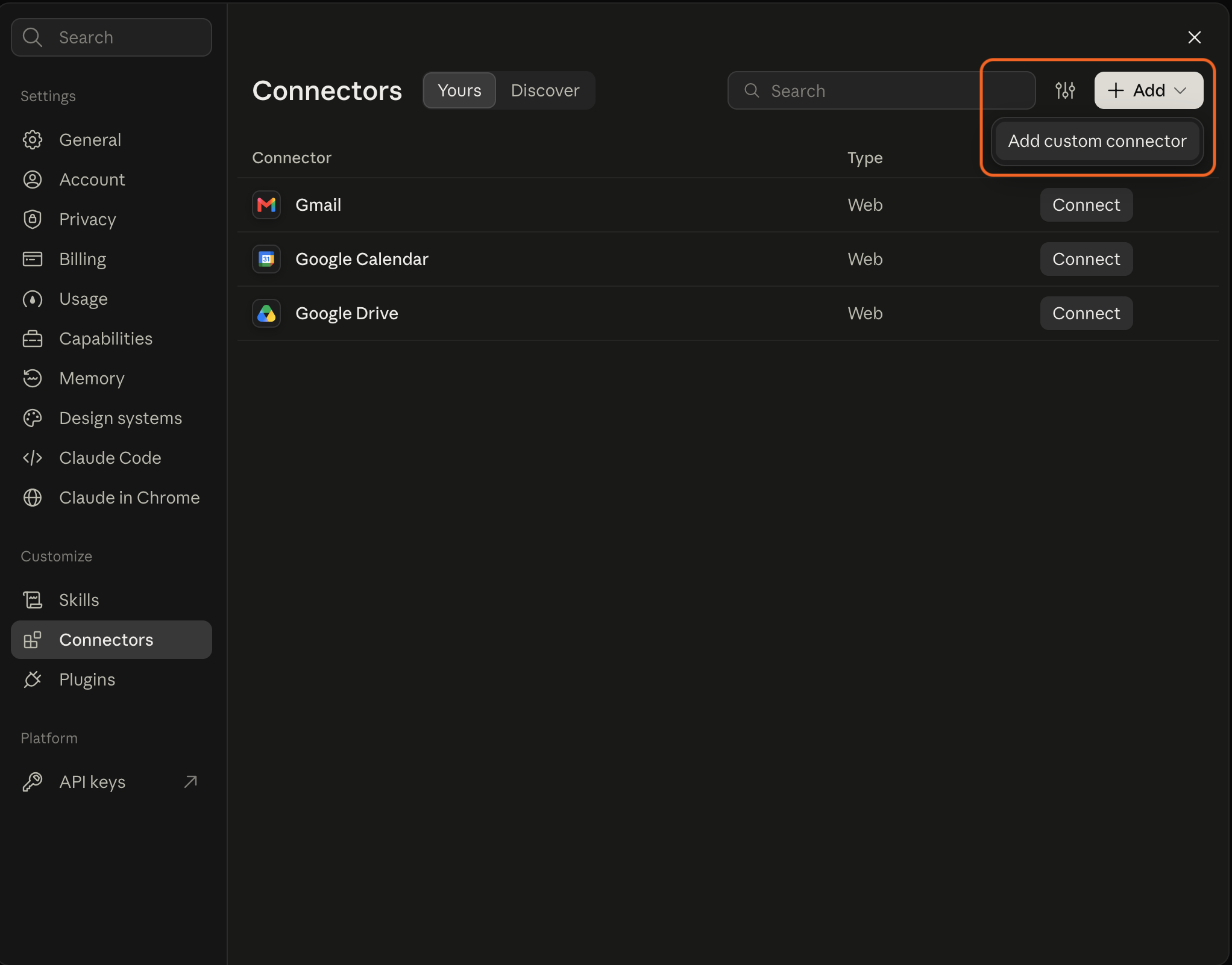 Claude Connectors page with the Add menu open and Add custom connector highlighted.