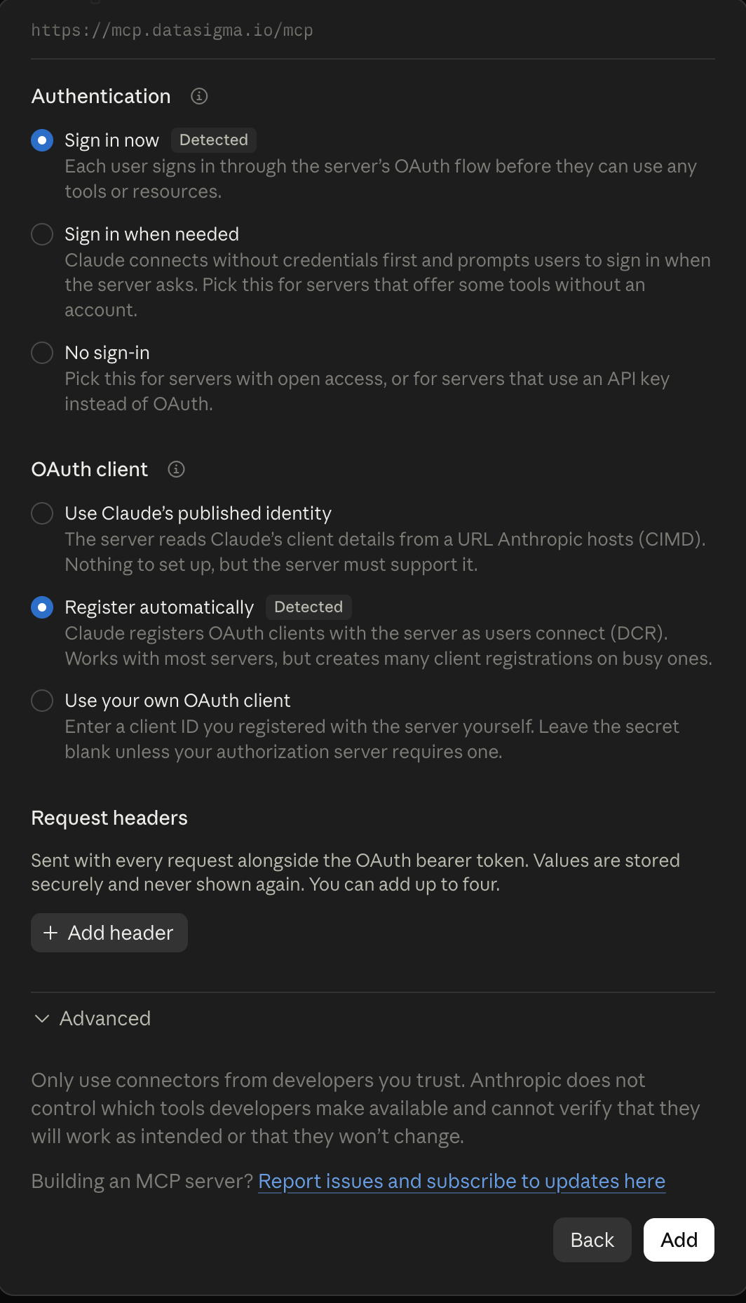 Claude authentication settings with Sign in now and Register automatically selected and an Add button at the bottom.