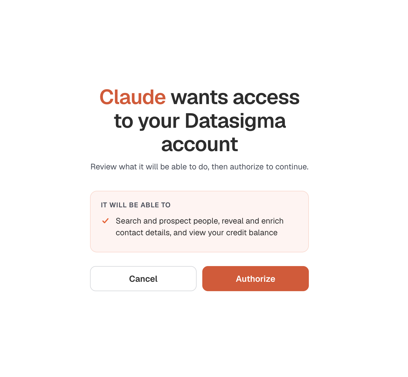 Datasigma authorization page showing the requested access and the Authorize button.