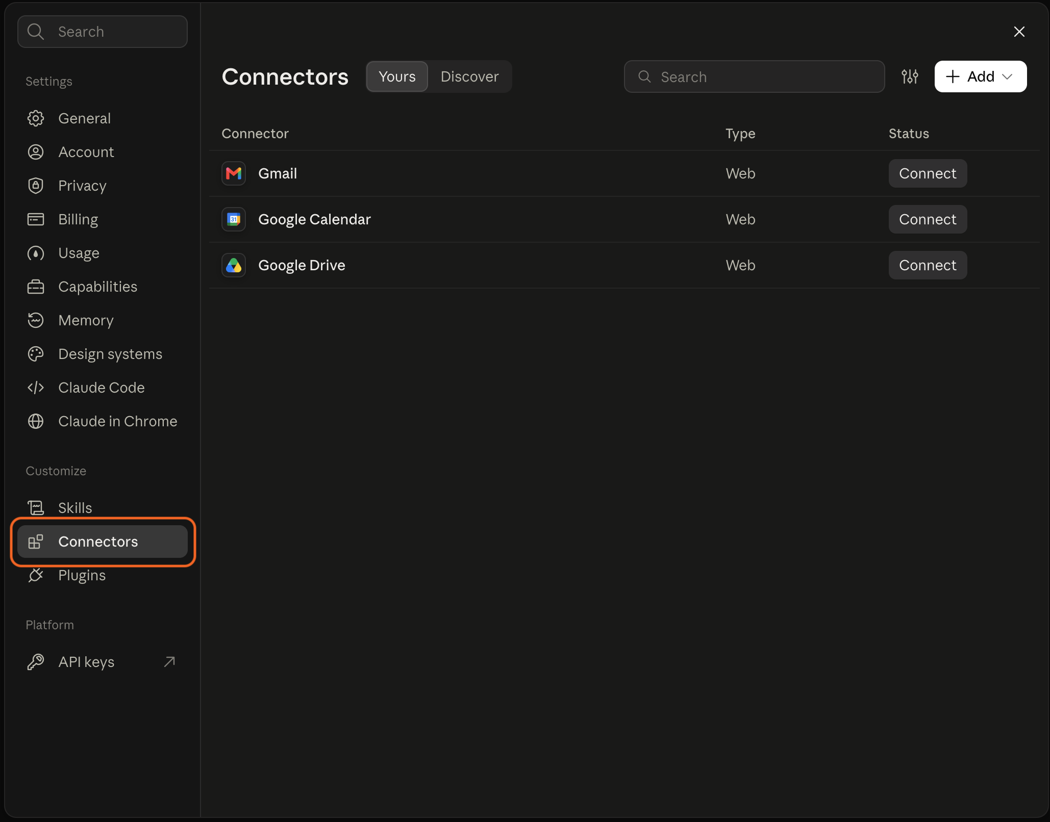 Claude Settings with Connectors highlighted in the left sidebar.